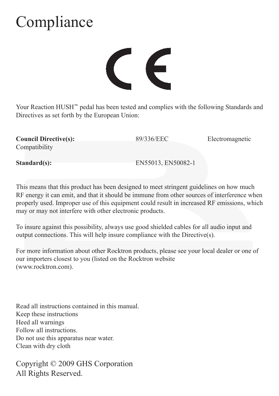 Compliance | Rocktron Reaction HUSH User Manual | Page 2 / 16