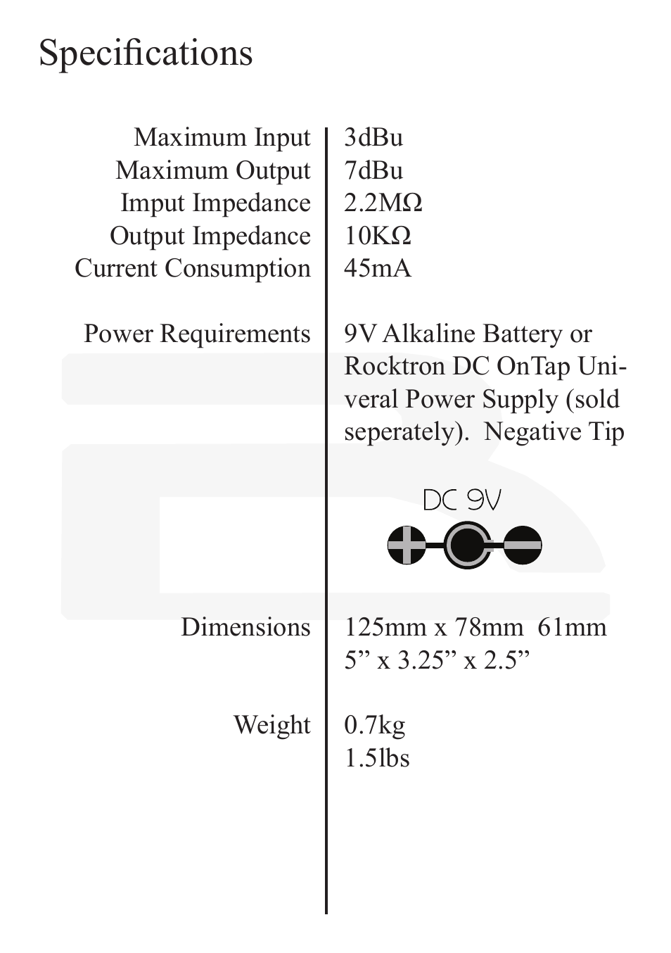 Specifications | Rocktron Reaction Compressor User Manual | Page 10 / 12