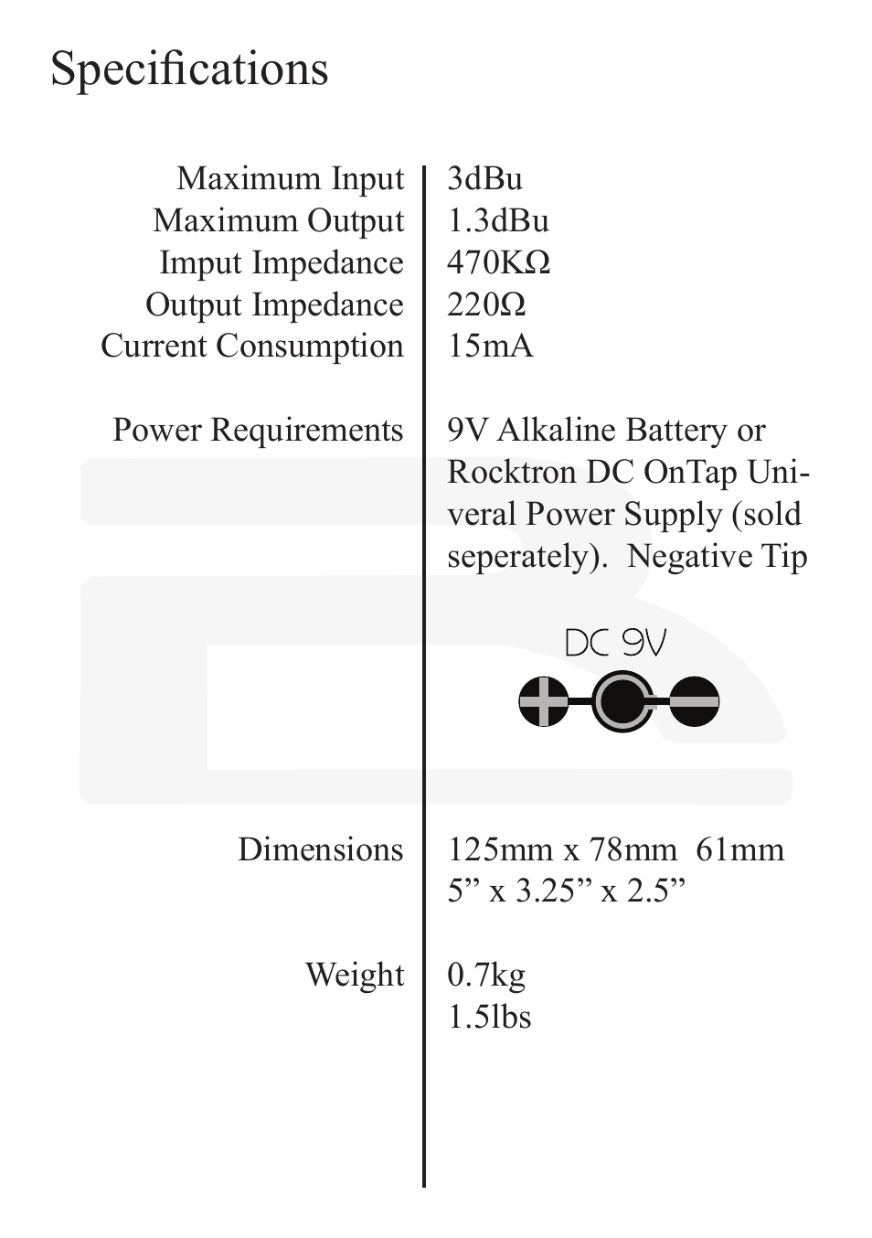 Specifications | Rocktron Reaction Chorus User Manual | Page 10 / 12