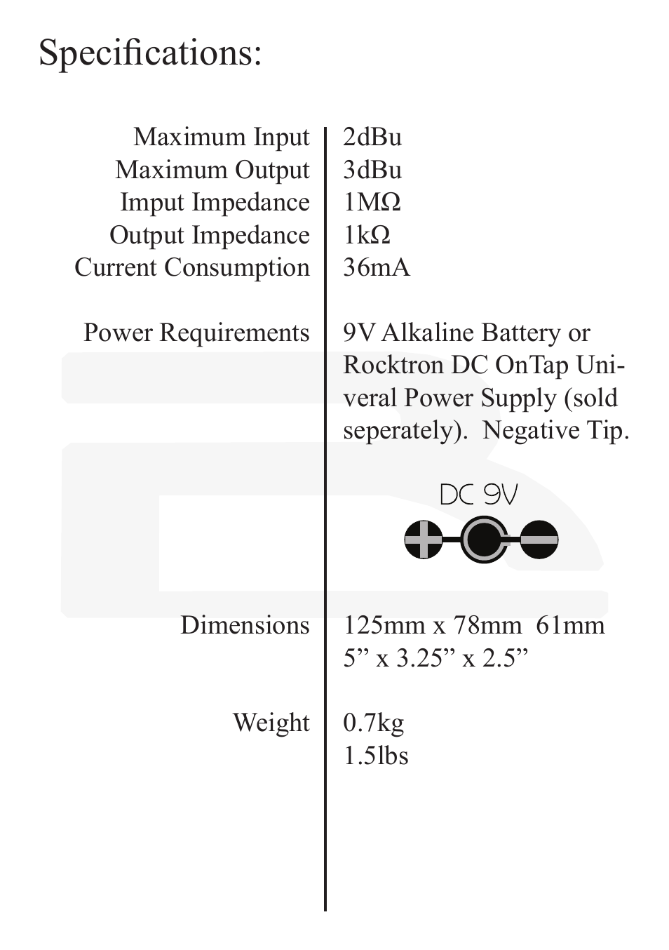 Specifications | Rocktron Reaction Digital Delay User Manual | Page 10 / 12