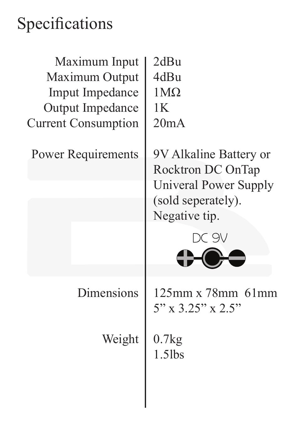 Specifications | Rocktron Reaction Octaver User Manual | Page 10 / 12