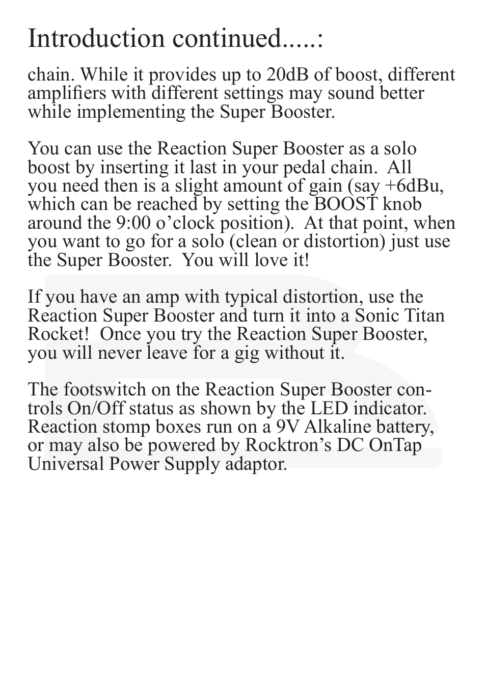 Introduction continued | Rocktron Reaction Super Booster User Manual | Page 5 / 12