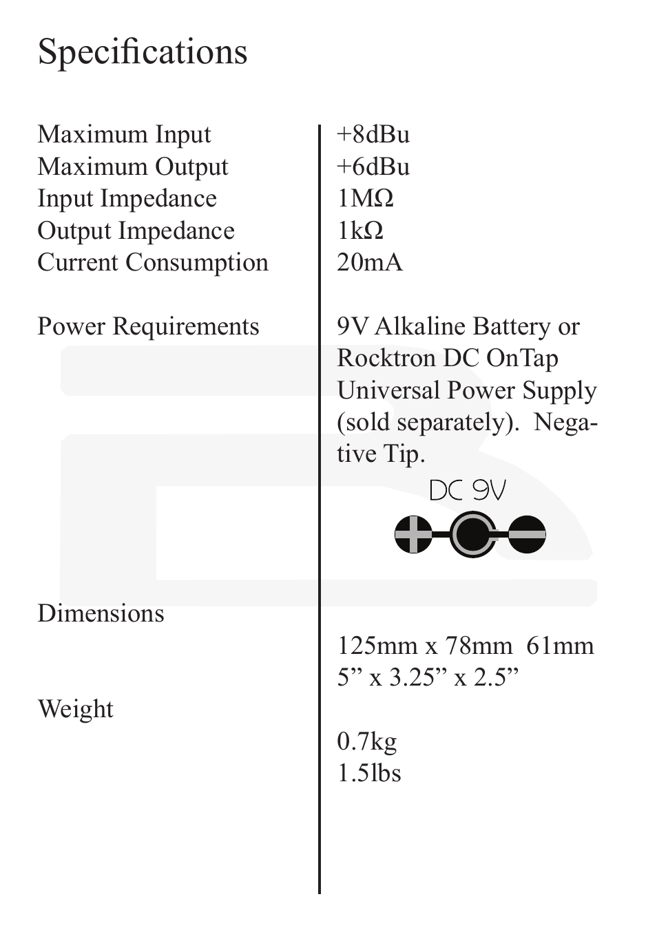 Specifications | Rocktron Reaction Flanger User Manual | Page 9 / 12