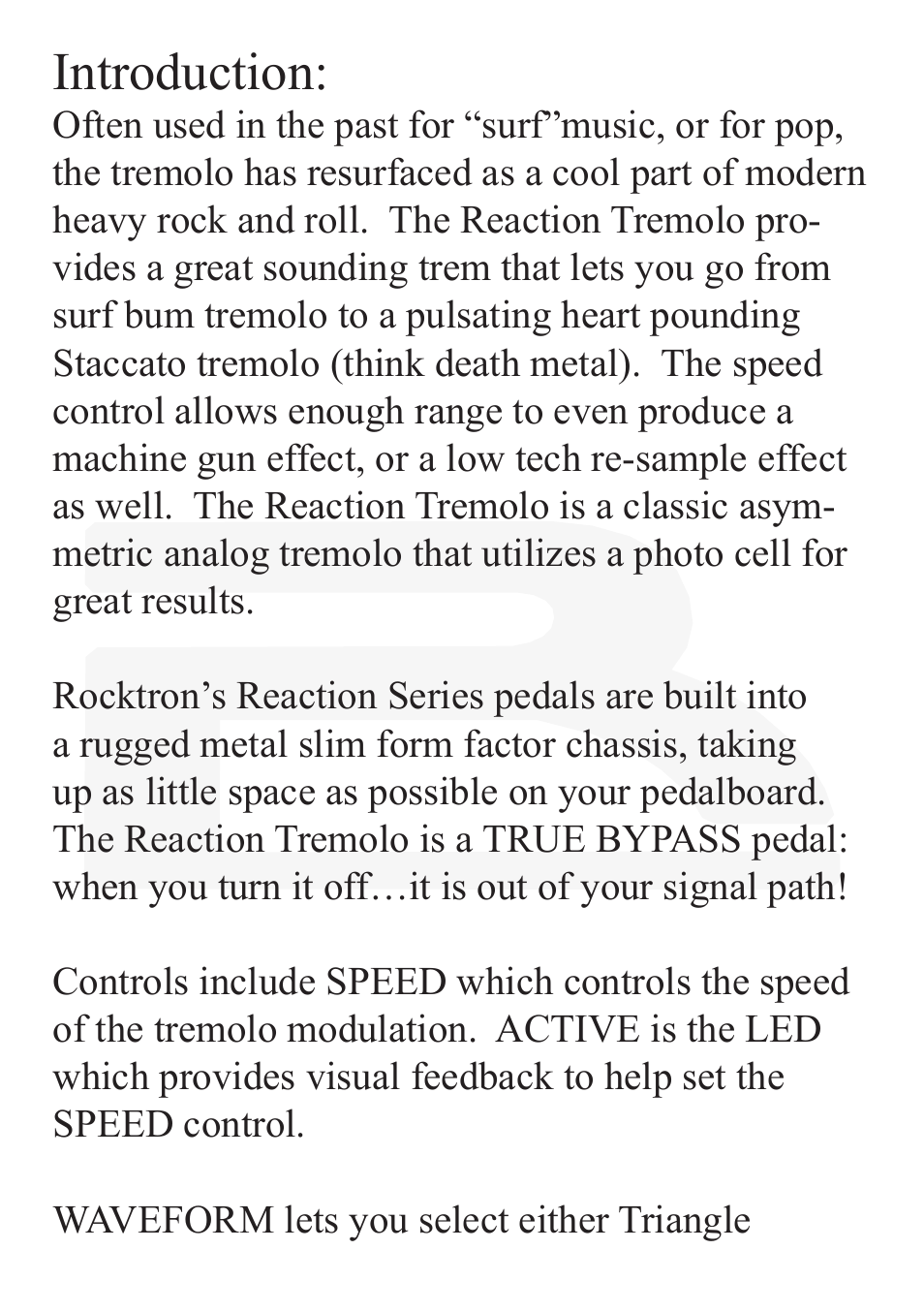 Introduction | Rocktron Reaction Tremolo User Manual | Page 4 / 12