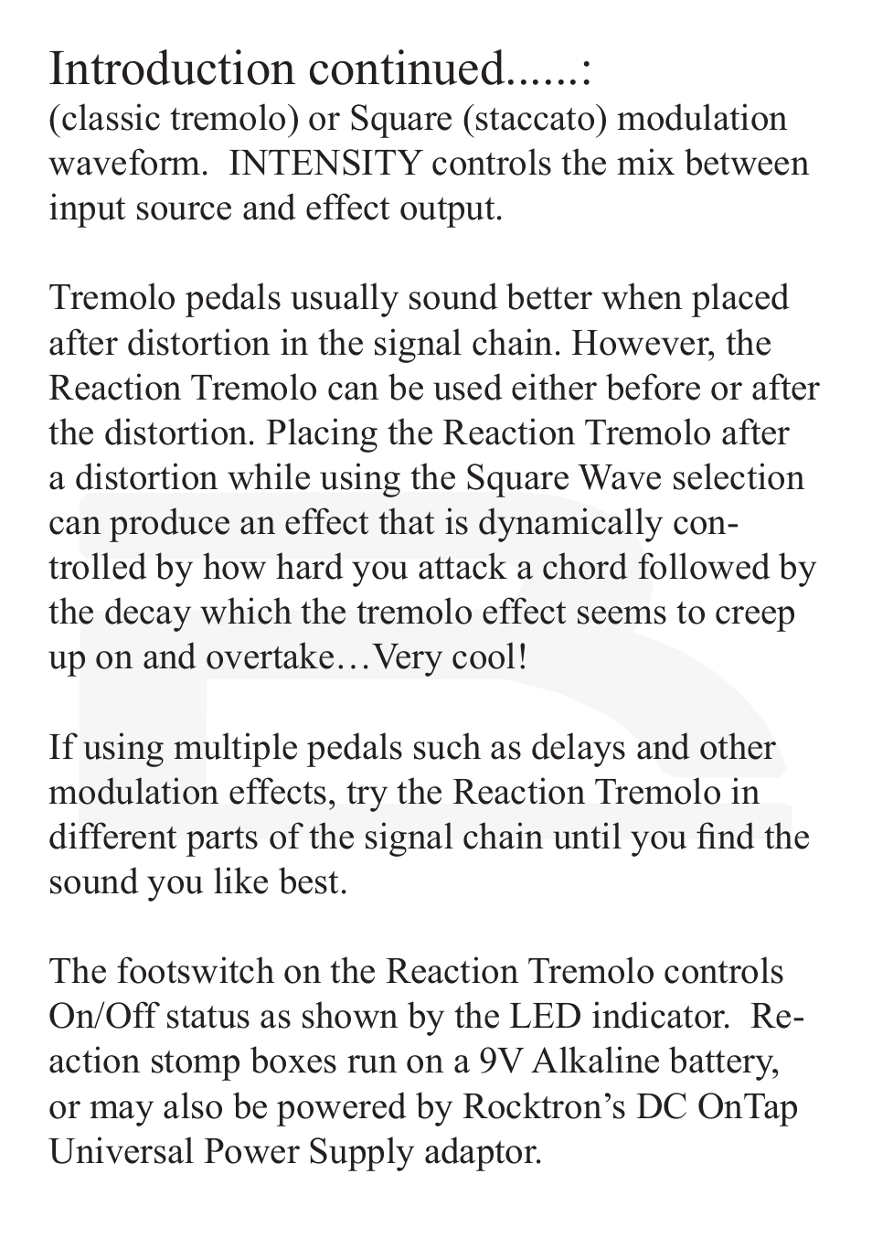 Introduction continued | Rocktron Reaction Tremolo User Manual | Page 5 / 12