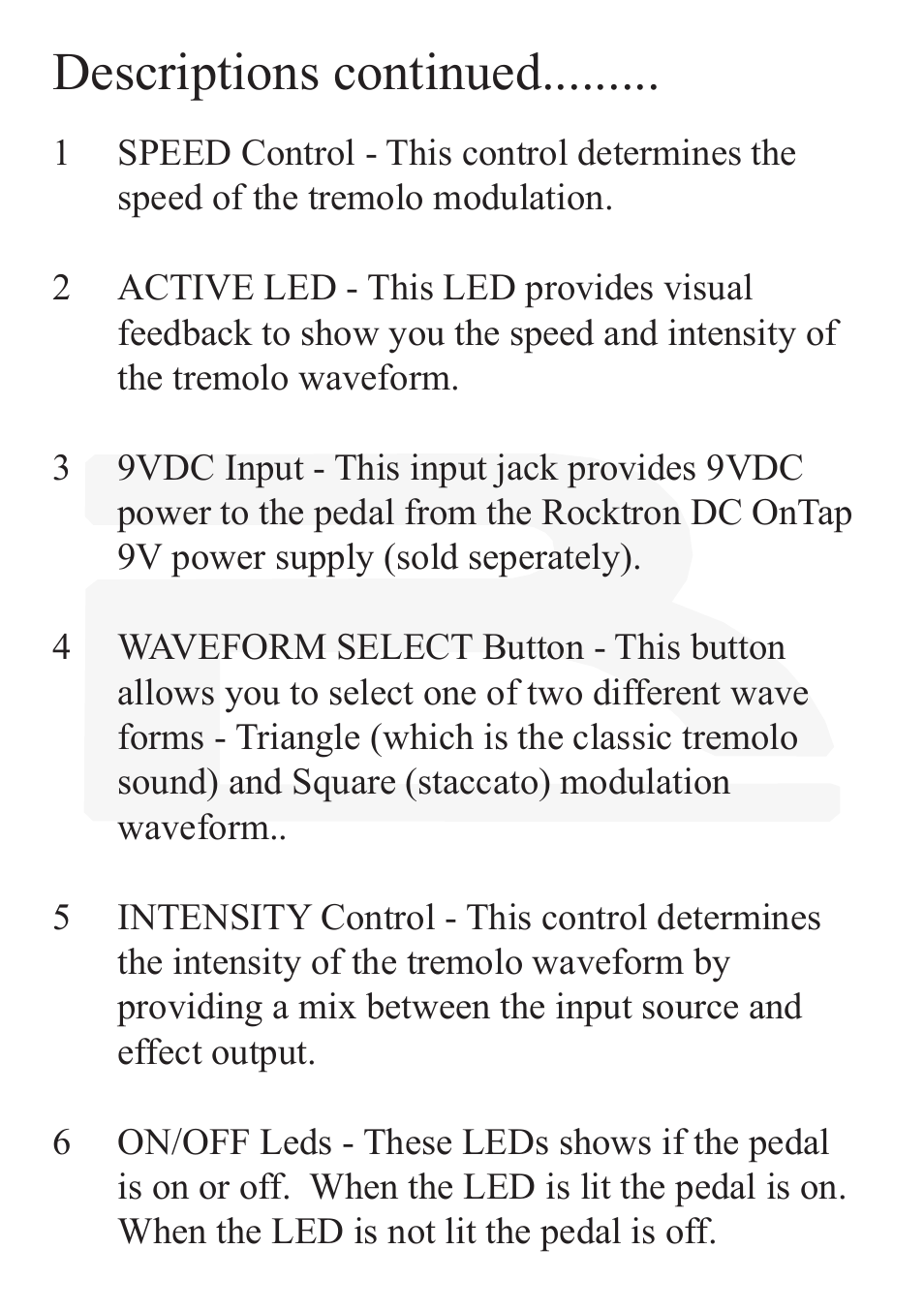 Descriptions continued | Rocktron Reaction Tremolo User Manual | Page 7 / 12