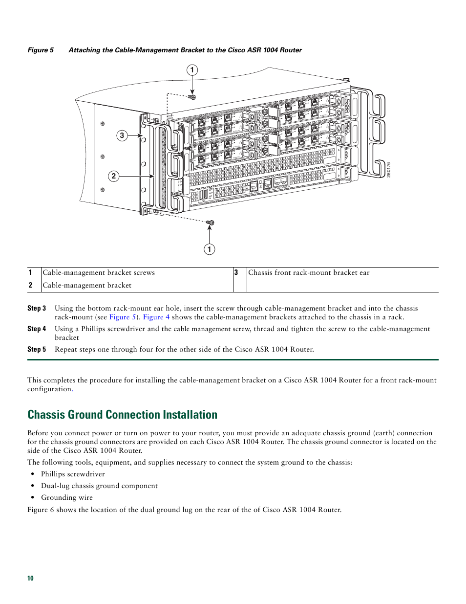 Chassis ground connection installation, Cable-management bracket screws, Chassis front rack-mount bracket ear | Cable-management bracket, Status, St at us | Cisco ASR 1004 User Manual | Page 10 / 38