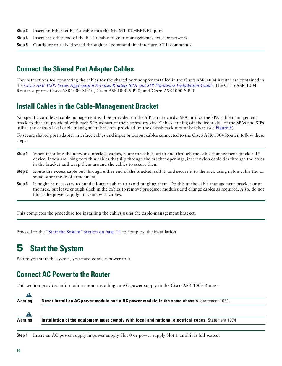 Connect the shared port adapter cables, Install cables in the cable-management bracket, 5 start the system | Connect ac power to the router, Start the system | Cisco ASR 1004 User Manual | Page 14 / 38