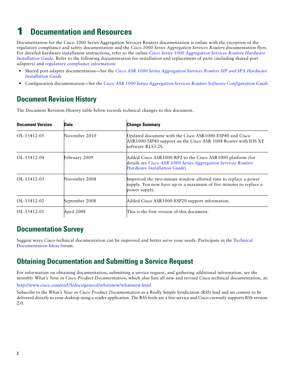 1 documentation and resources, Document revision history, Documentation survey | Documentation and resources | Cisco ASR 1004 User Manual | Page 2 / 38