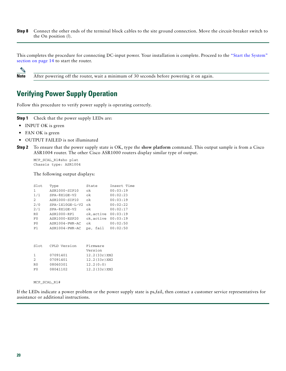 Verifying power supply operation | Cisco ASR 1004 User Manual | Page 20 / 38