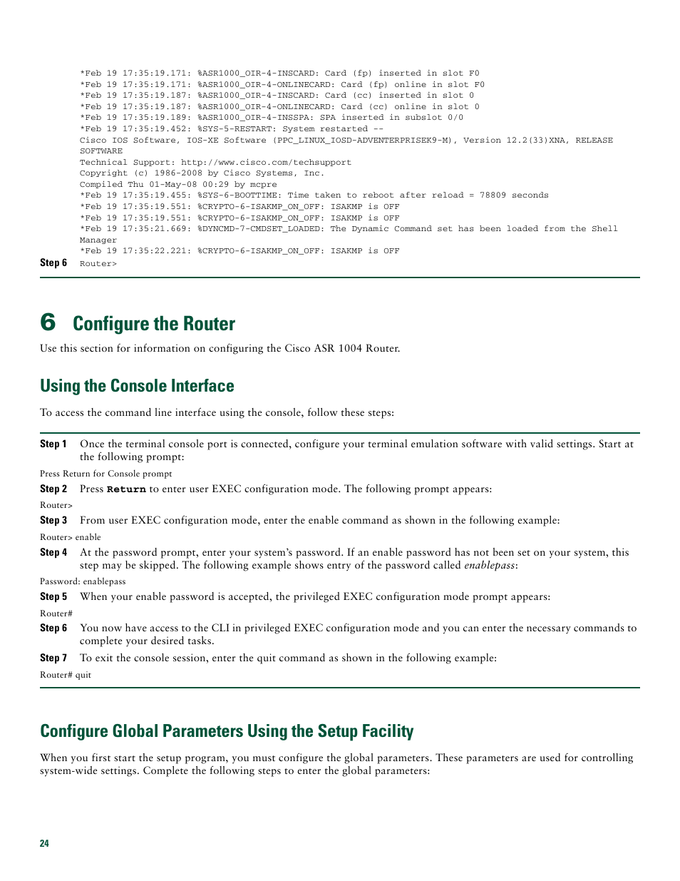 6 configure the router, Using the console interface, Configure the router | Cisco ASR 1004 User Manual | Page 24 / 38