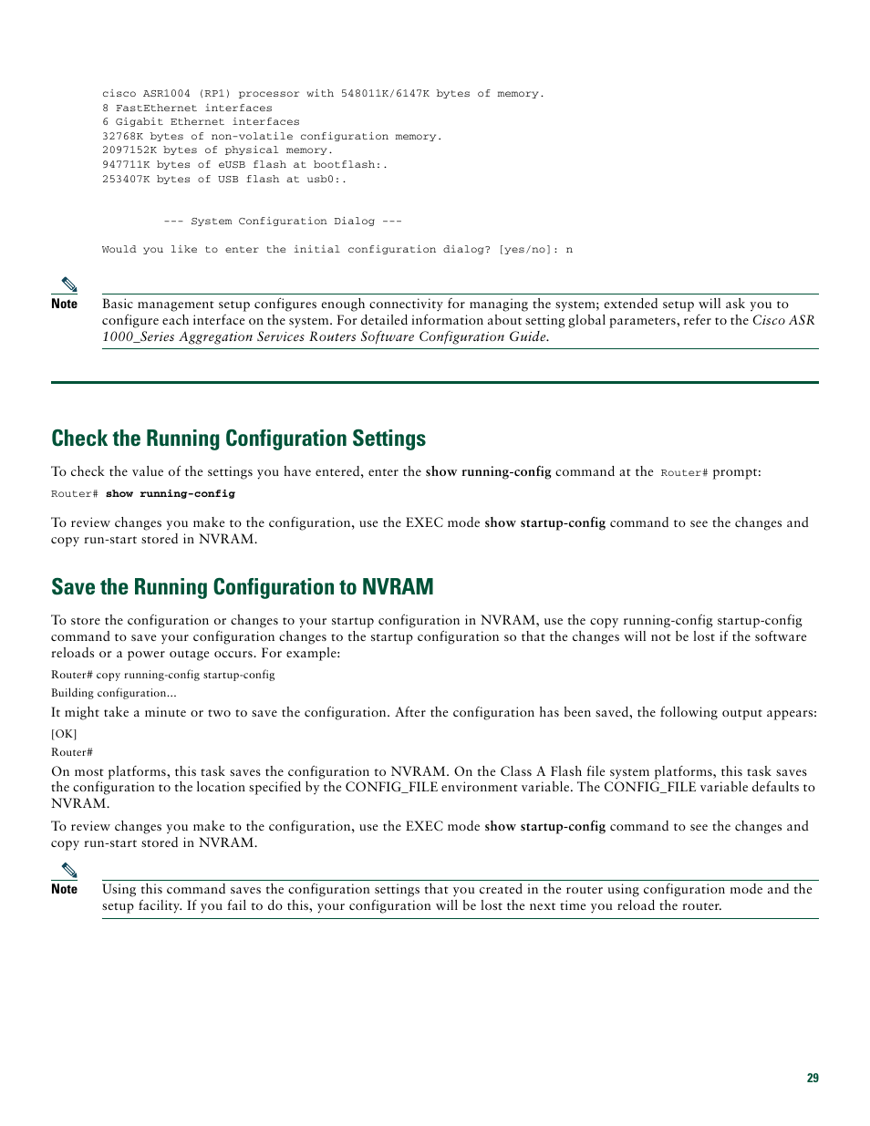 Check the running configuration settings, Save the running configuration to nvram | Cisco ASR 1004 User Manual | Page 29 / 38