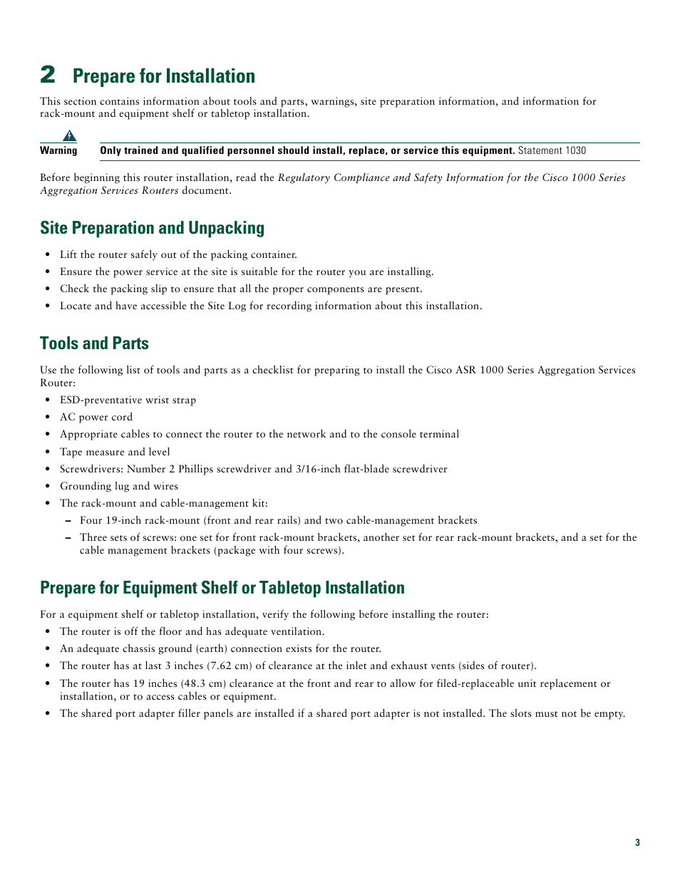 2 prepare for installation, Site preparation and unpacking, Tools and parts | Prepare for installation | Cisco ASR 1004 User Manual | Page 3 / 38