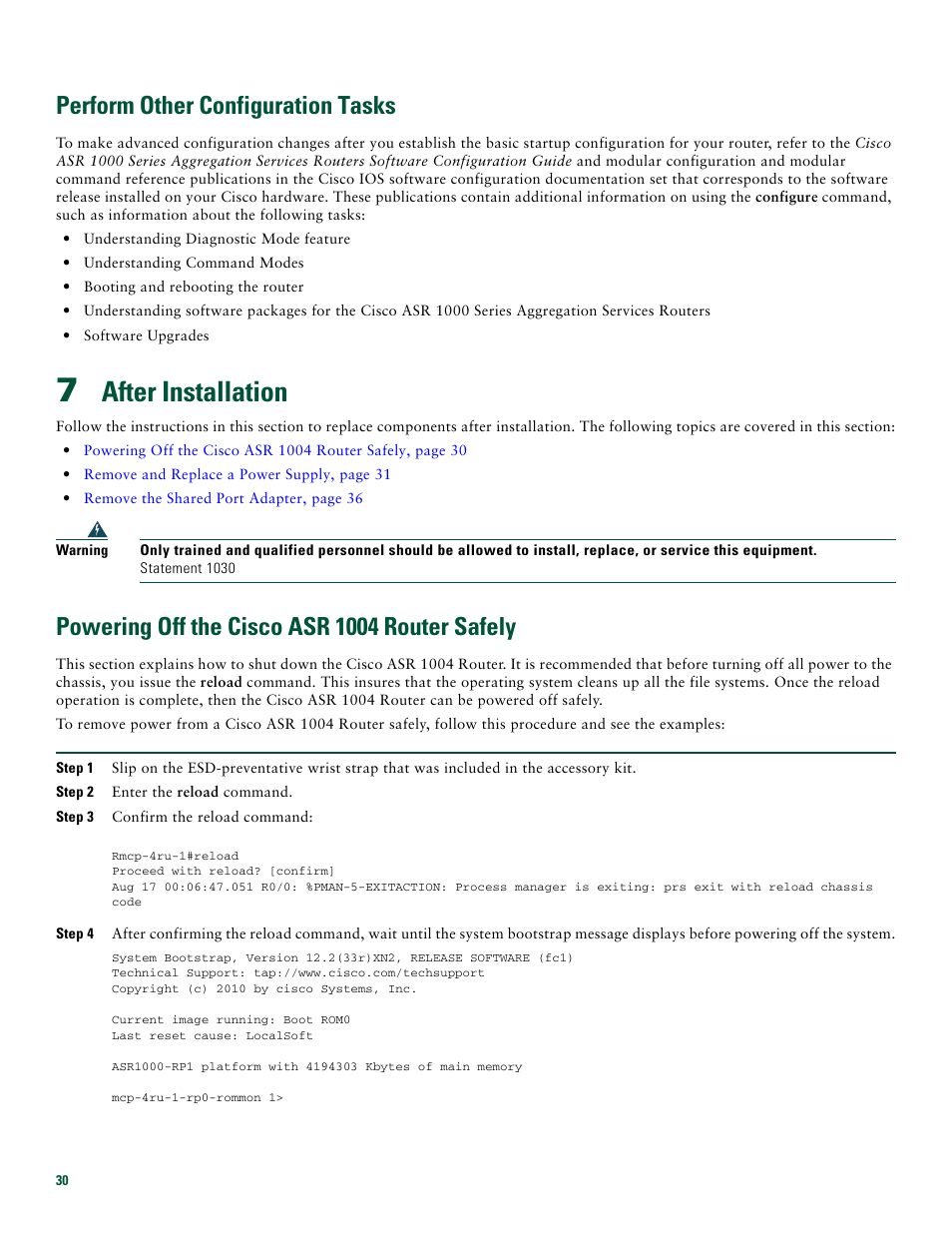 Perform other configuration tasks, 7 after installation, Powering off the cisco asr 1004 router safely | After installation | Cisco ASR 1004 User Manual | Page 30 / 38