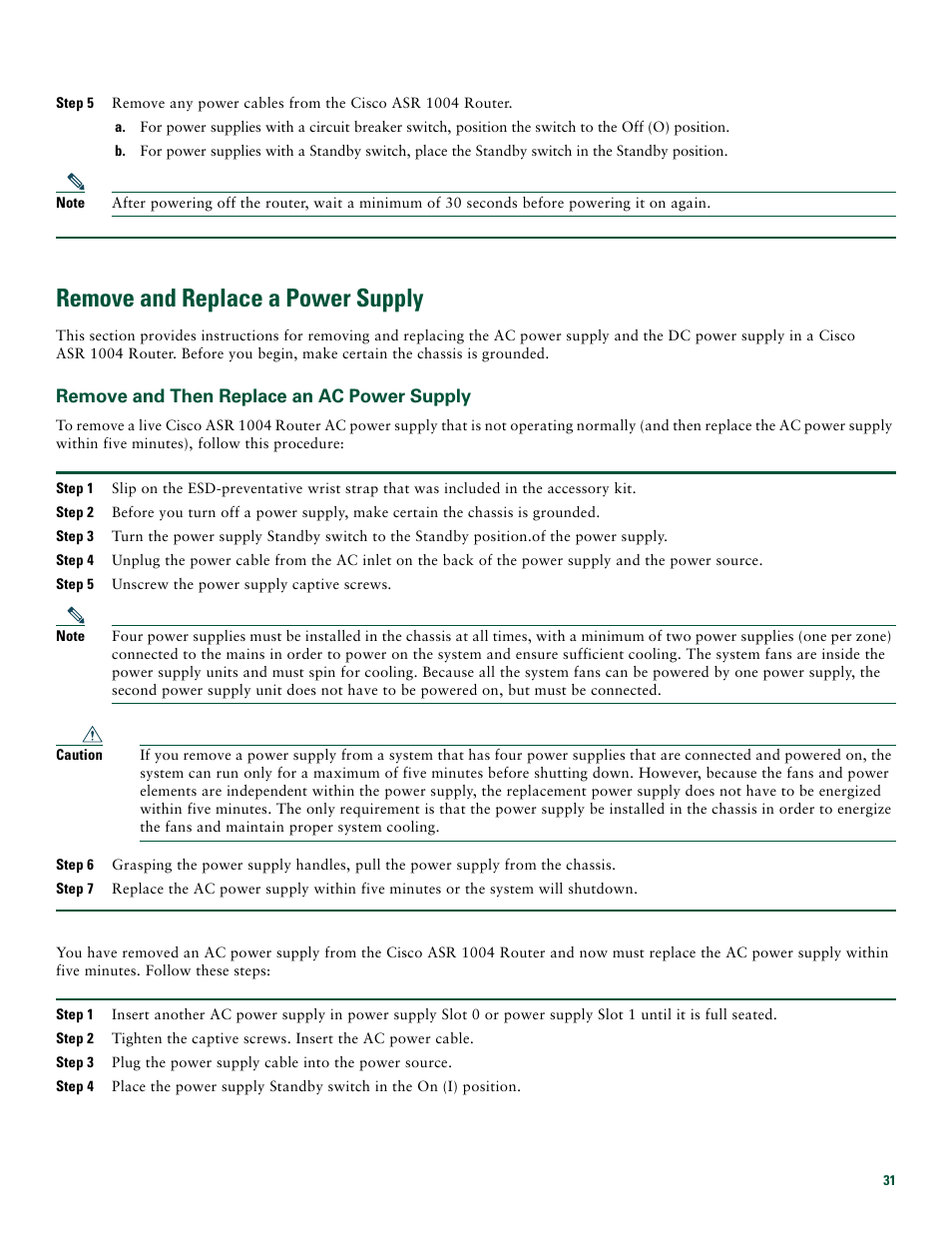Remove and replace a power supply, Remove and then replace an ac power supply | Cisco ASR 1004 User Manual | Page 31 / 38