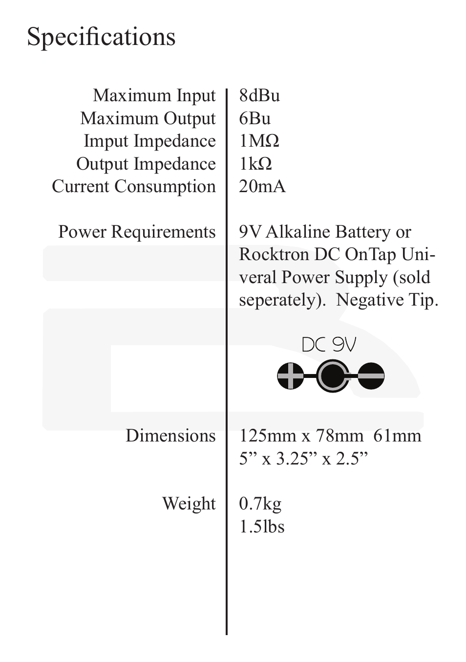 Specifications | Rocktron Reaction Super Charger User Manual | Page 10 / 12