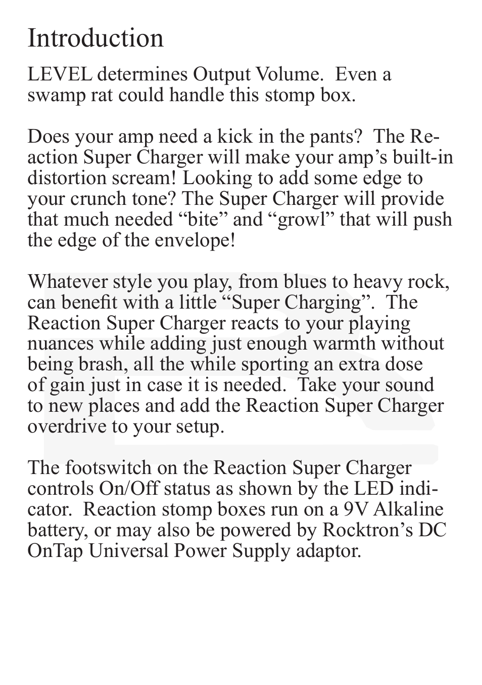 Introduction | Rocktron Reaction Super Charger User Manual | Page 5 / 12