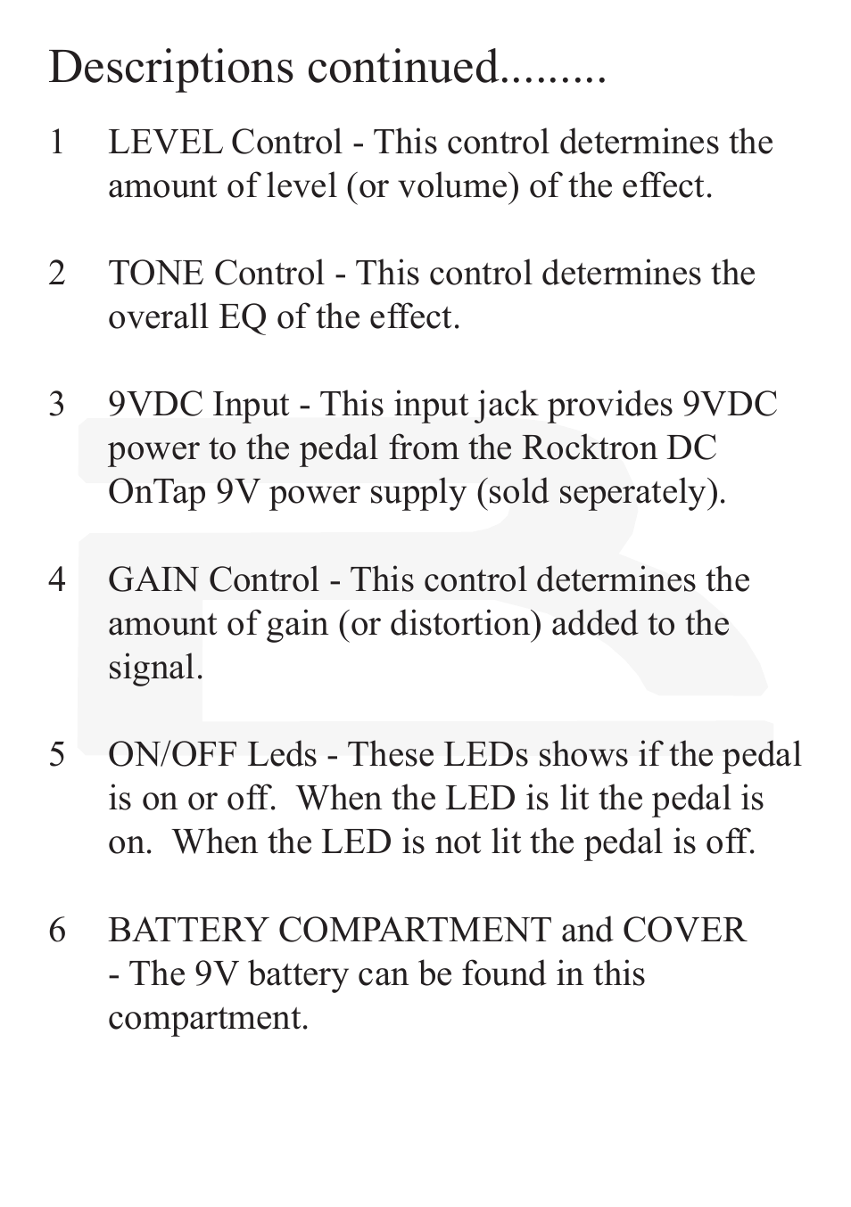 Descriptions continued | Rocktron Reaction Super Charger User Manual | Page 7 / 12