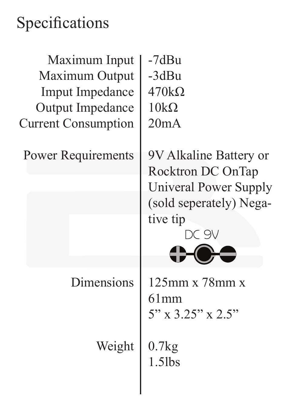 Specifications | Rocktron Reaction Phaser User Manual | Page 10 / 12
