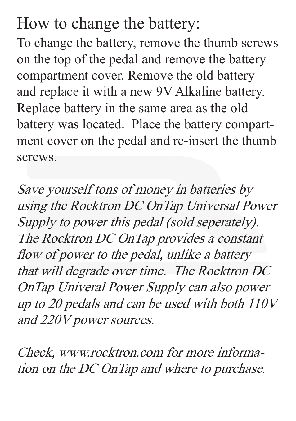 How to change the battery | Rocktron Reaction Phaser User Manual | Page 11 / 12