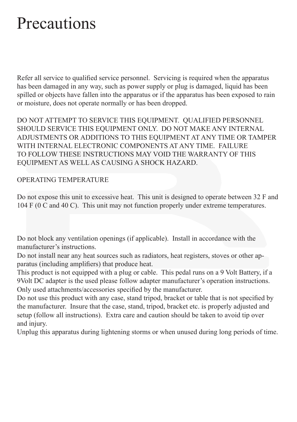 Precautions | Rocktron Reaction Phaser User Manual | Page 3 / 12