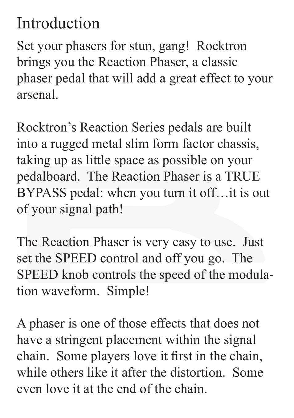 Introduction | Rocktron Reaction Phaser User Manual | Page 4 / 12