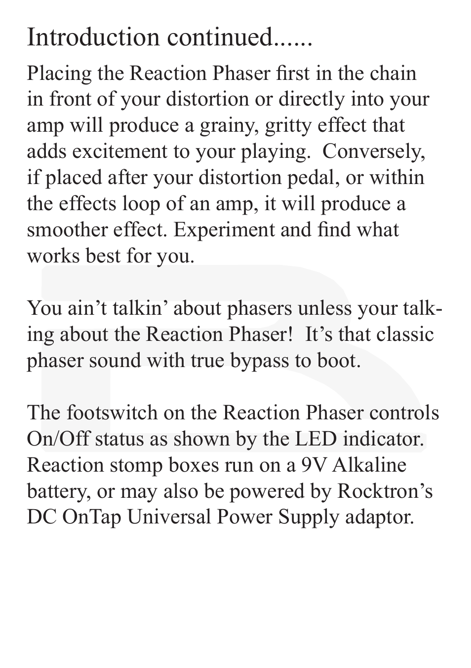 Introduction continued | Rocktron Reaction Phaser User Manual | Page 5 / 12