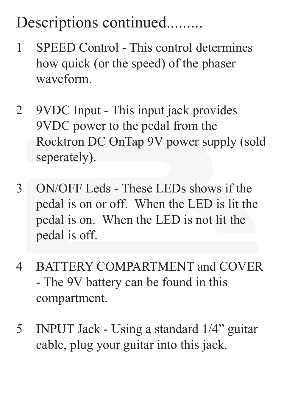Descriptions continued | Rocktron Reaction Phaser User Manual | Page 7 / 12