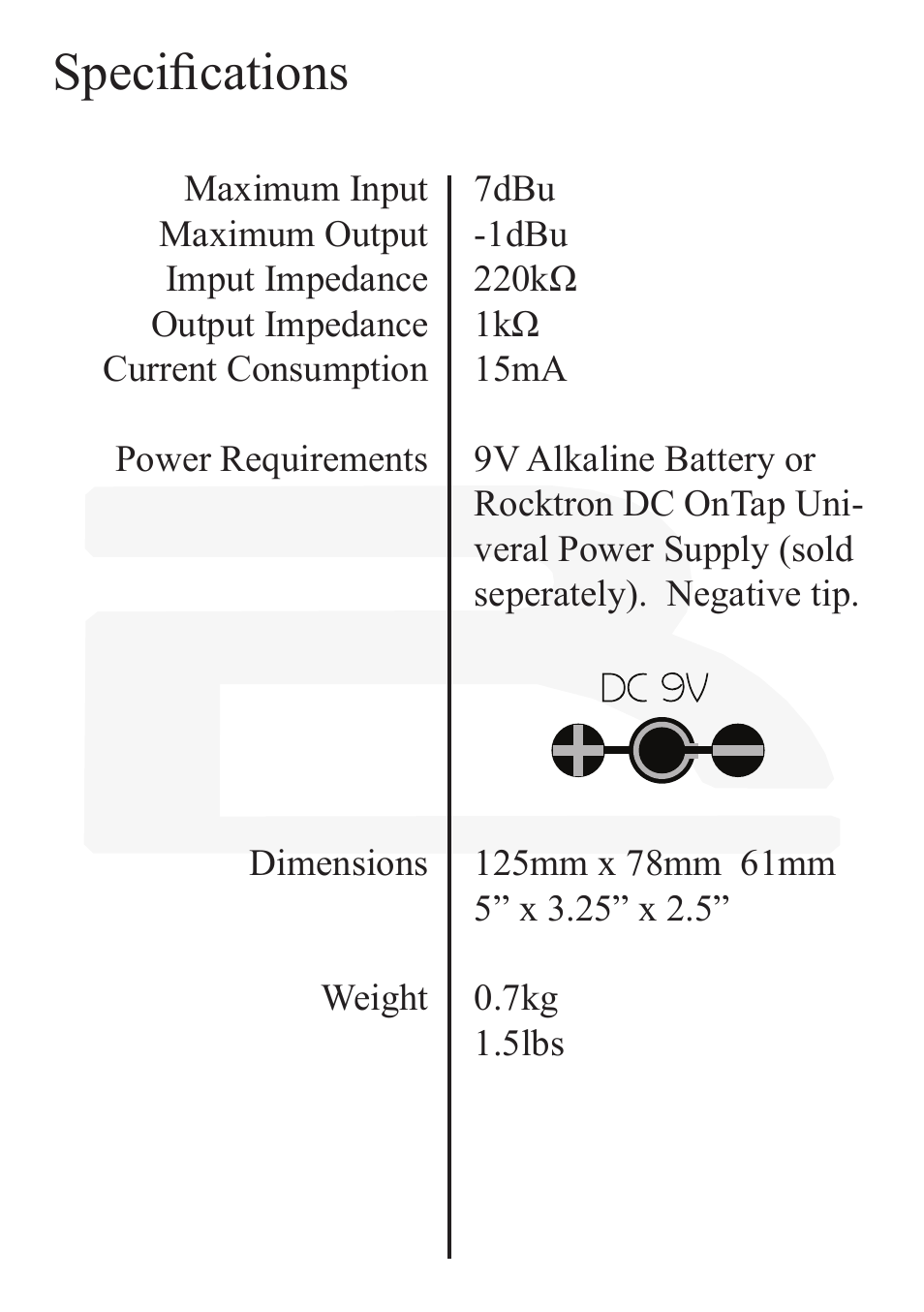Specifications | Rocktron Reaction Dynamic Filter User Manual | Page 10 / 12