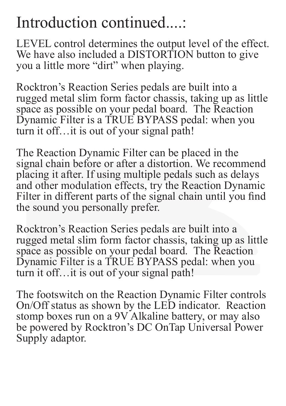 Introduction continued | Rocktron Reaction Dynamic Filter User Manual | Page 5 / 12