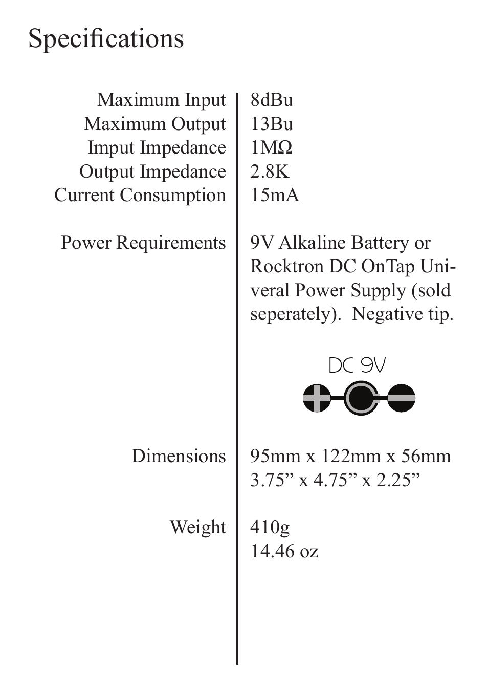 Specifications | Rocktron Gary Hoey Intimidator User Manual | Page 12 / 16