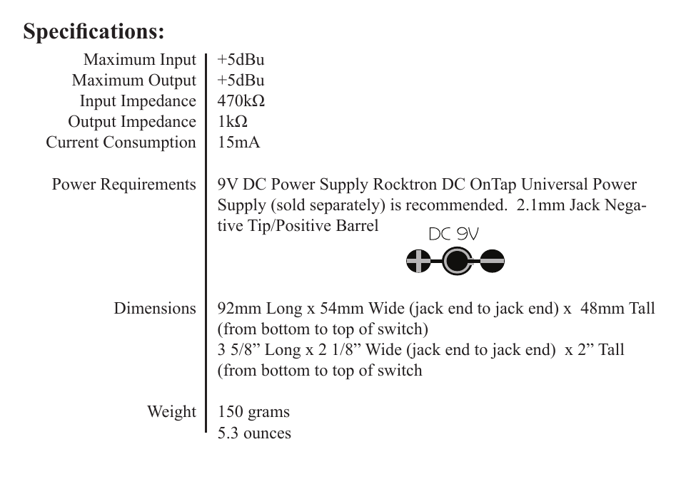 Specifications | Rocktron MicroHUSH User Manual | Page 10 / 12