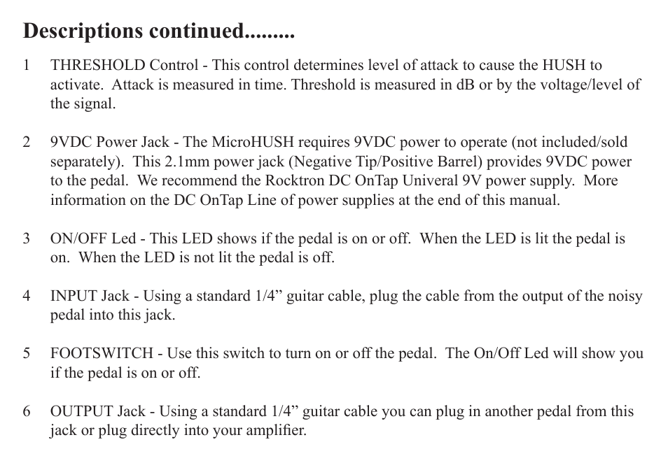 Descriptions continued | Rocktron MicroHUSH User Manual | Page 6 / 12
