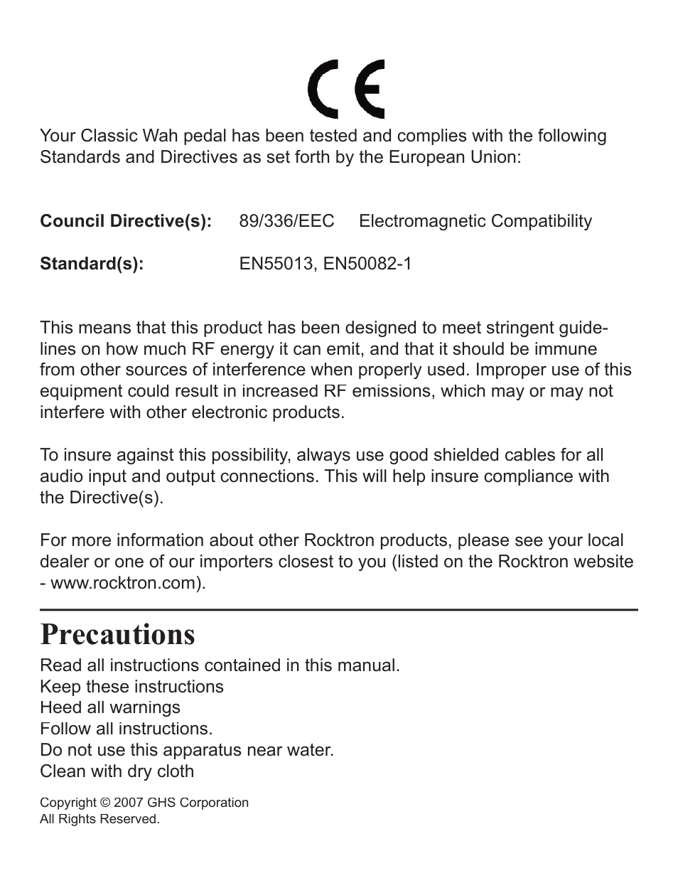 Precautions | Rocktron Classic Wah User Manual | Page 2 / 12