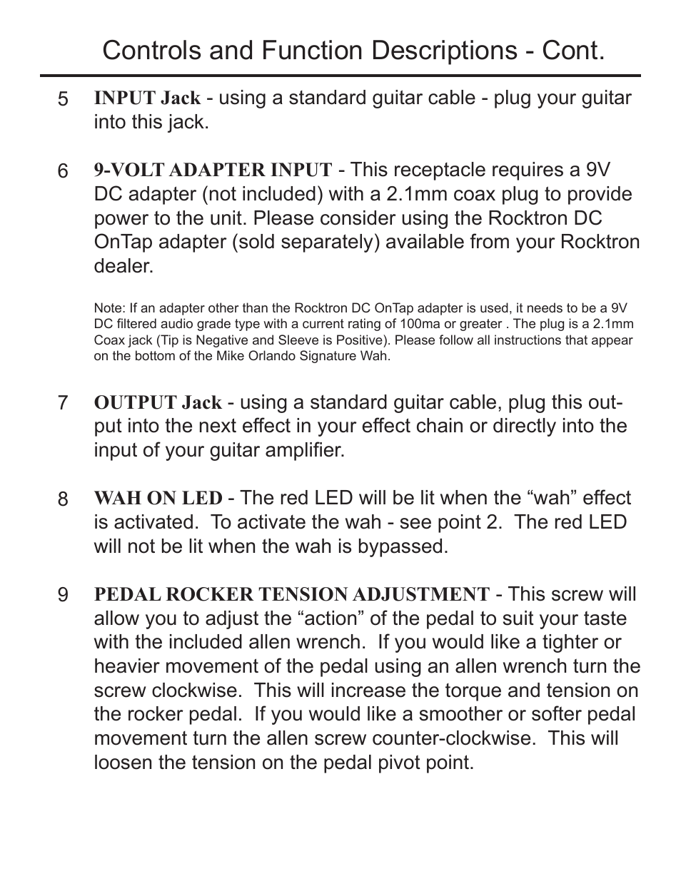 Controls and function descriptions - cont | Rocktron Mike Orlando Signature Wah User Manual | Page 10 / 16