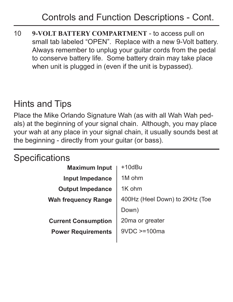 Specifications, Hints and tips, Controls and function descriptions - cont | Rocktron Mike Orlando Signature Wah User Manual | Page 11 / 16