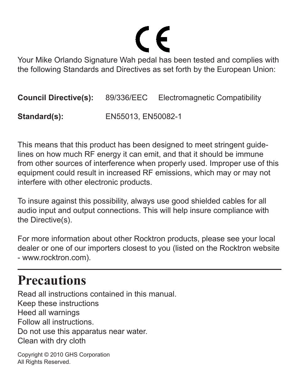 Precautions | Rocktron Mike Orlando Signature Wah User Manual | Page 2 / 16