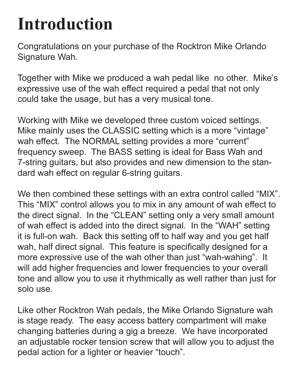 Introduction | Rocktron Mike Orlando Signature Wah User Manual | Page 4 / 16