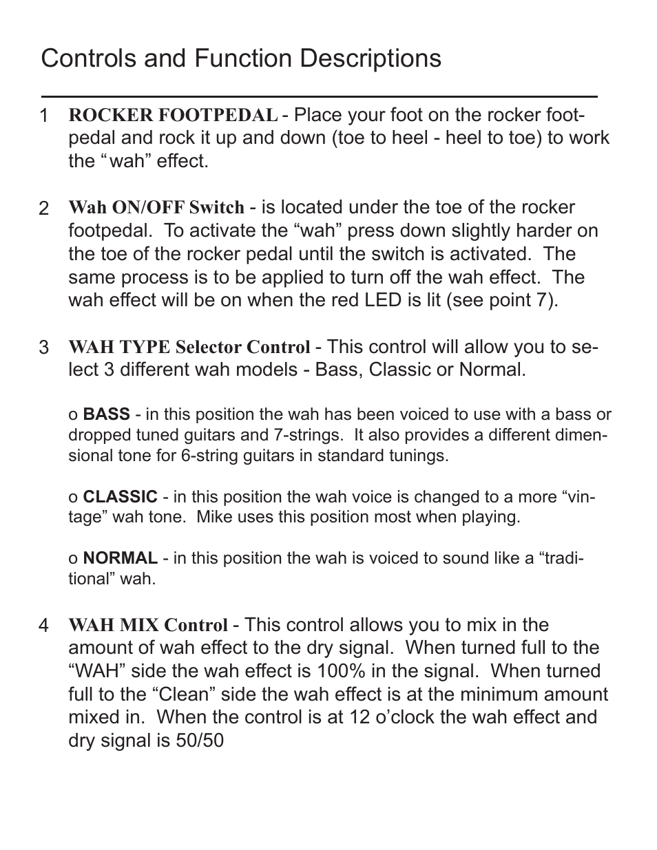 Controls and function descriptions | Rocktron Mike Orlando Signature Wah User Manual | Page 9 / 16