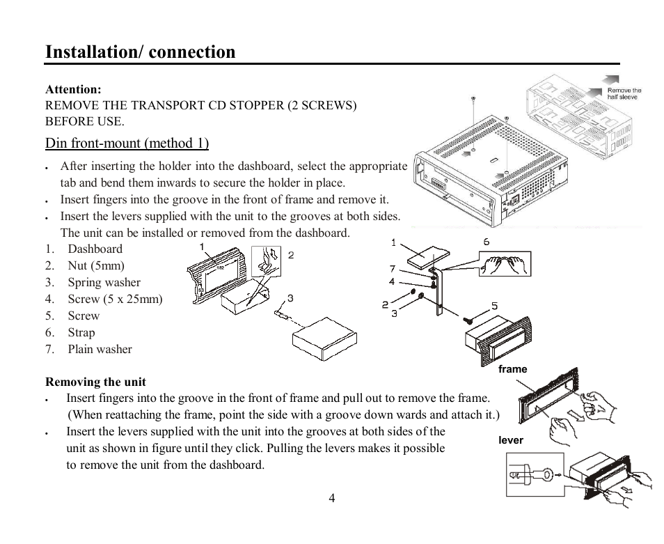 Installation/ connection, Din front-mount (method 1) | Hyundai H-CDM8045 User Manual | Page 4 / 58