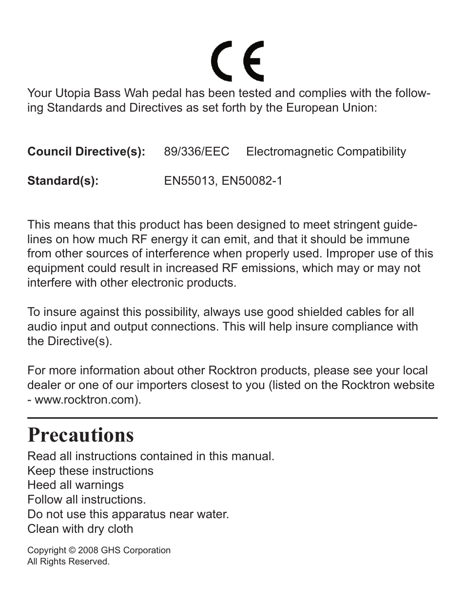 Precautions | Rocktron Utopia Bass Wah User Manual | Page 2 / 12