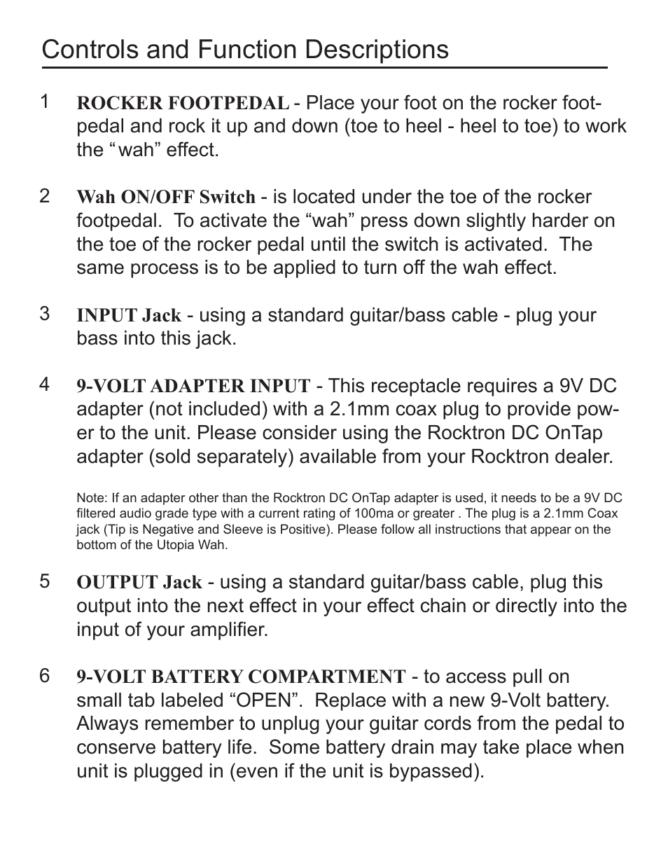 Controls and function descriptions | Rocktron Utopia Bass Wah User Manual | Page 9 / 12