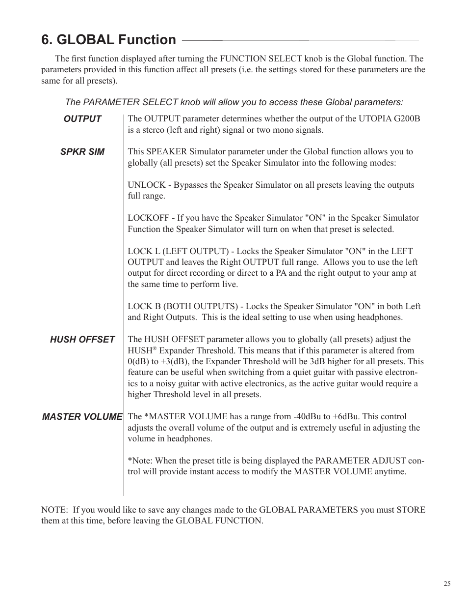 Global function | Rocktron Utopia G200B w/Banshee User Manual | Page 25 / 84