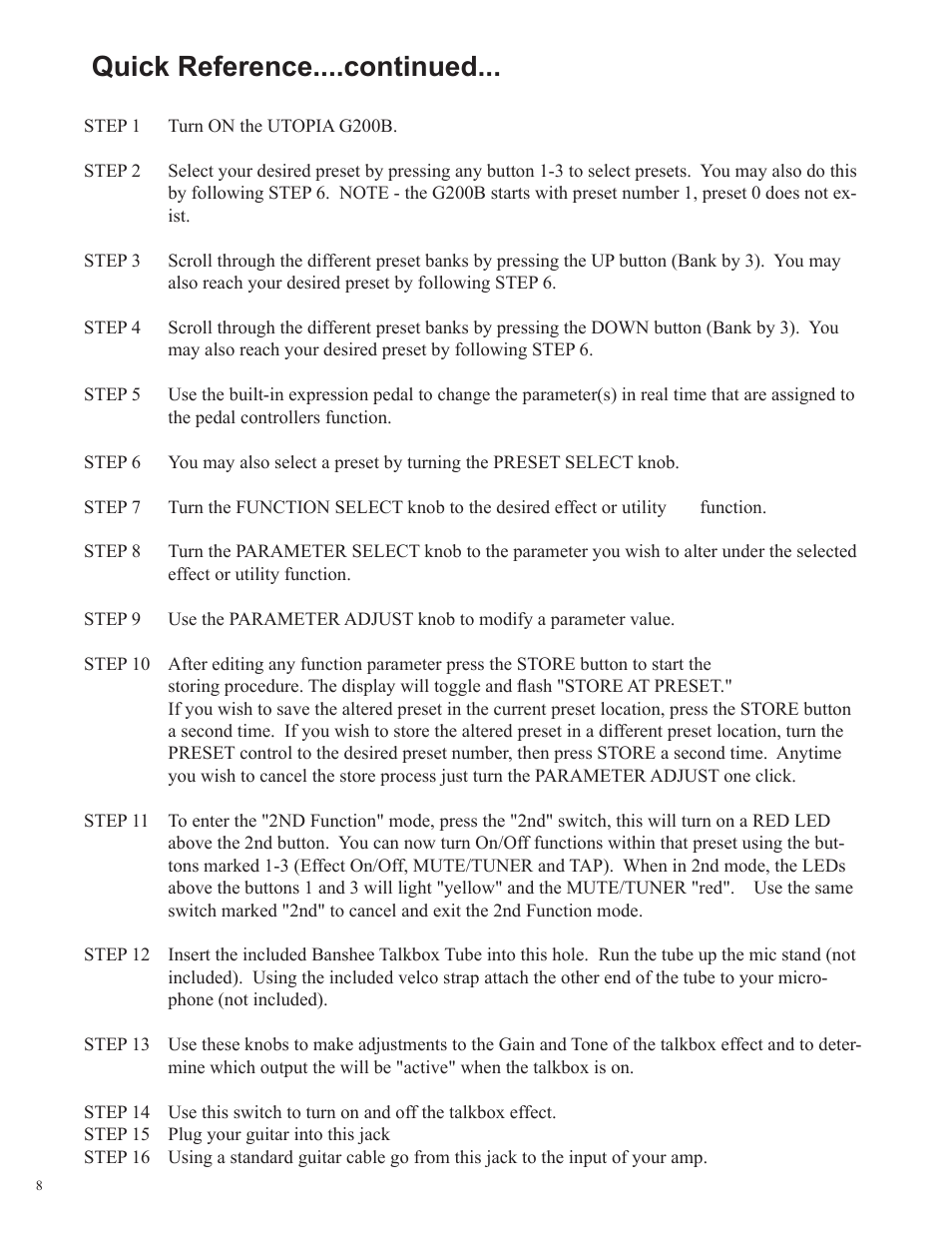 Quick reference....continued | Rocktron Utopia G200B w/Banshee User Manual | Page 8 / 84