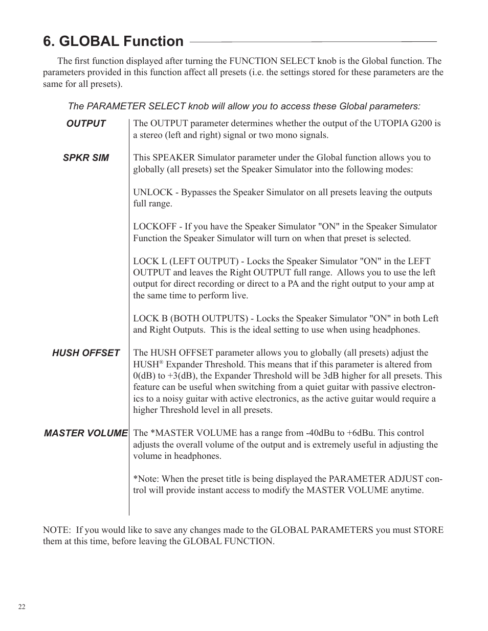 Global function | Rocktron Utopia G200 User Manual | Page 22 / 80
