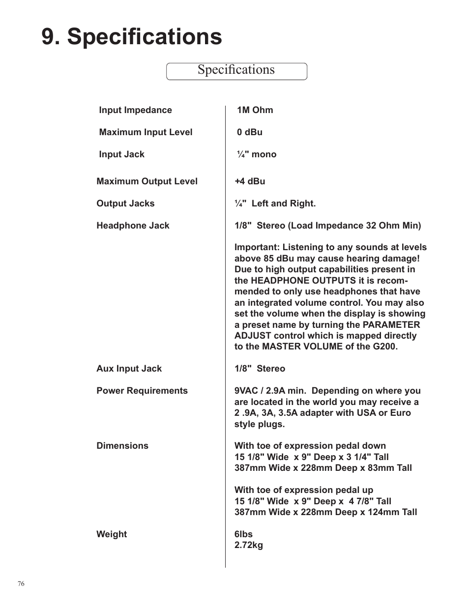Speciﬁcations | Rocktron Utopia G200 User Manual | Page 76 / 80