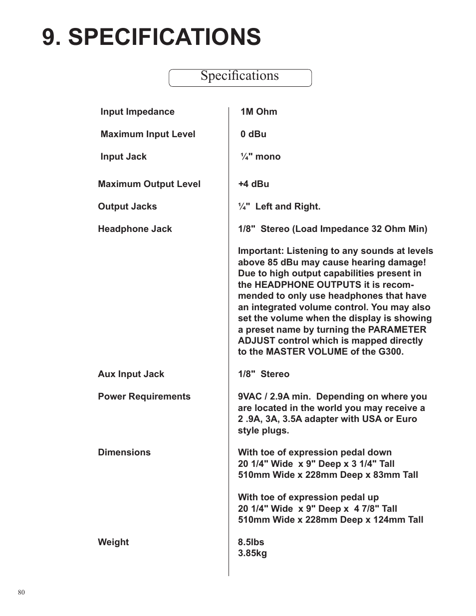 Specifications, Speciﬁcations | Rocktron UTOPIA G300 User Manual | Page 80 / 84