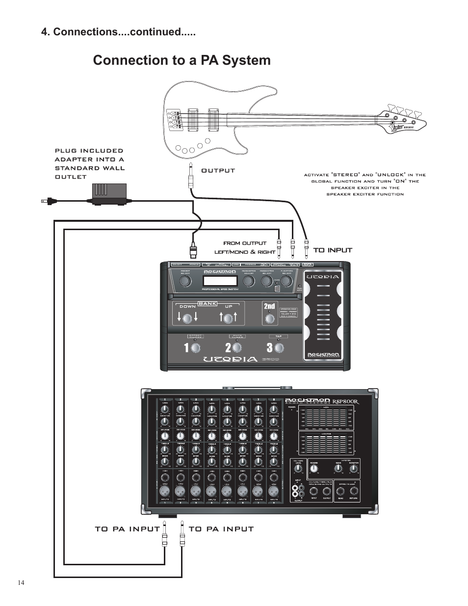 Connection to a pa system | Rocktron Utopia B200 User Manual | Page 14 / 80