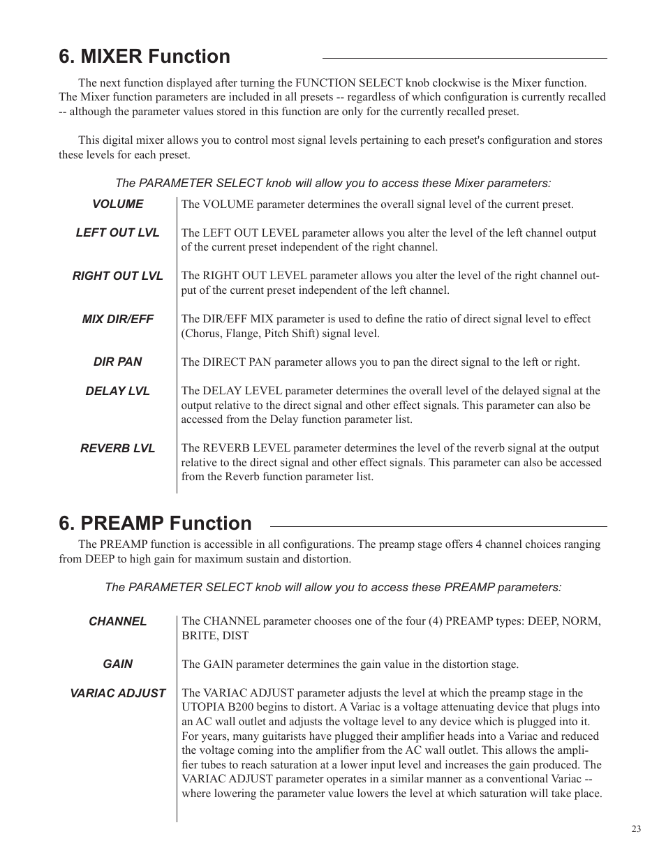 Mixer function, Preamp function | Rocktron Utopia B200 User Manual | Page 23 / 80