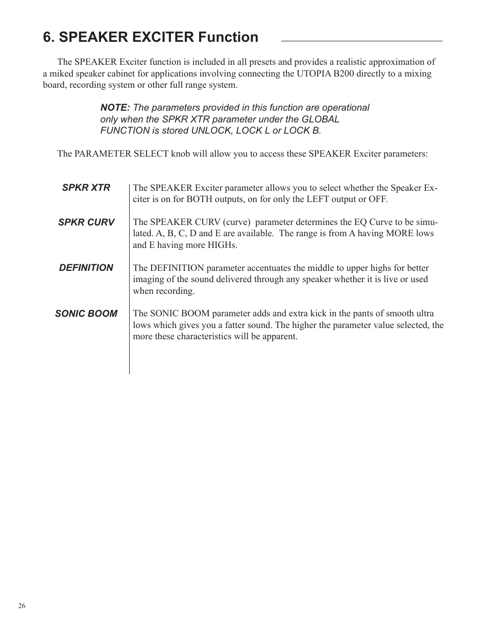 Speaker exciter function | Rocktron Utopia B200 User Manual | Page 26 / 80